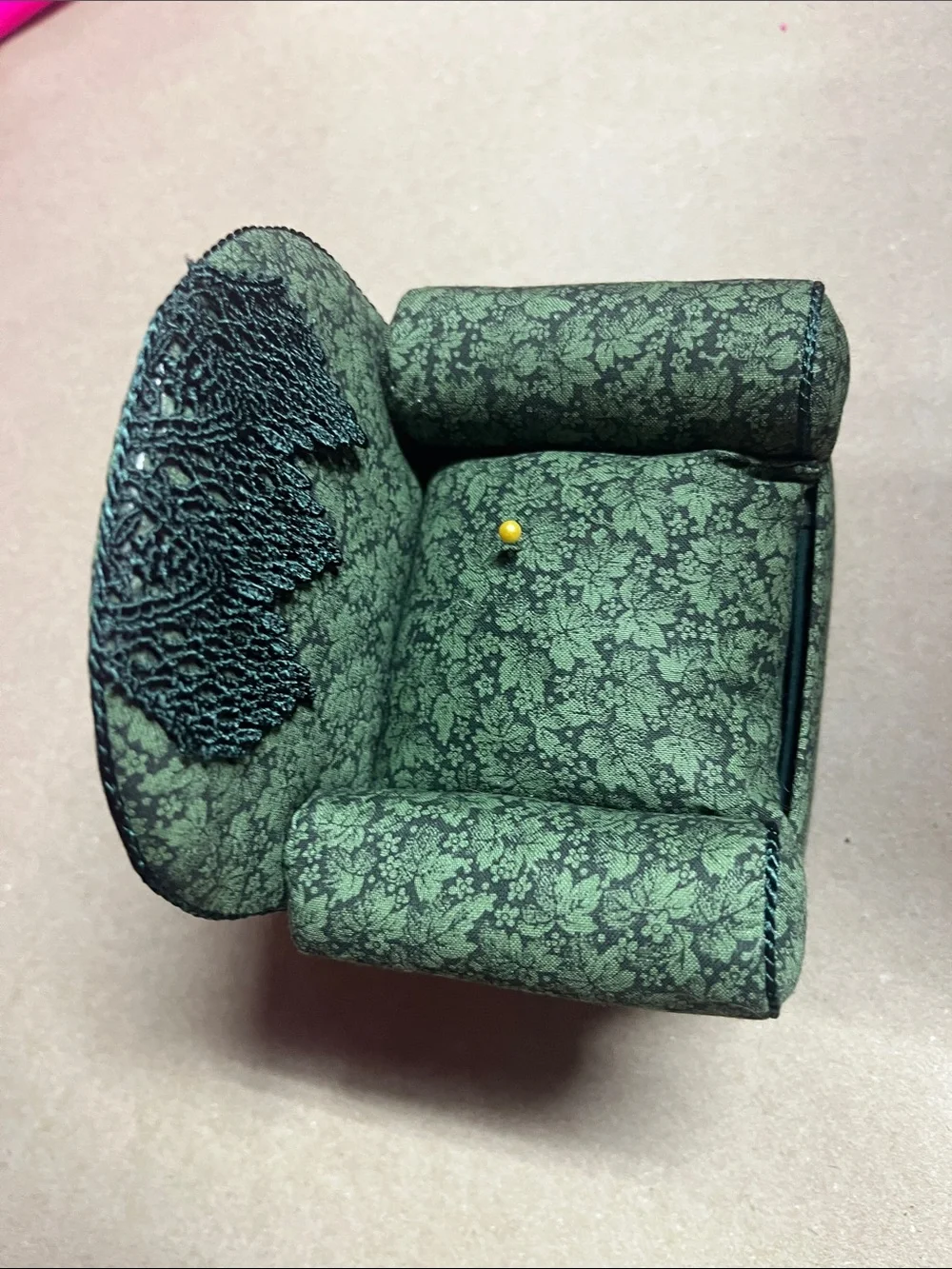 Dritz Collectible Green Floral Overstuffed Armchair Pin Cushion